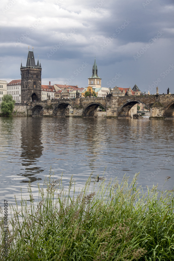 Prague. View from Vltava to the Charles Bridge and the Old Town