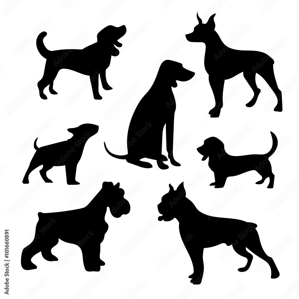 seven vector silhouettes of dogs