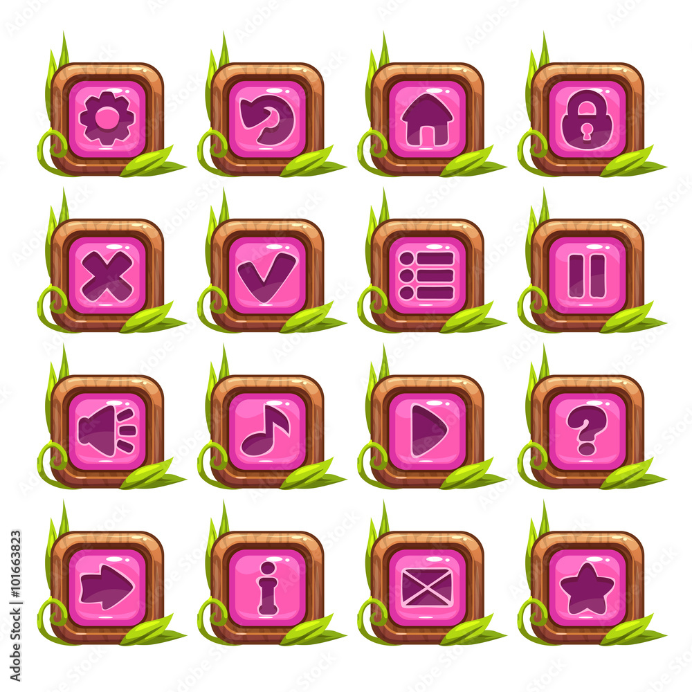 Cartoon square buttons menu set with pink middle Cartoon square buttons menu set with pink middle