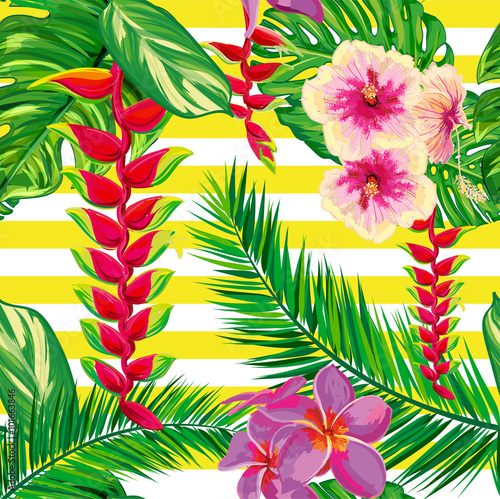 Tropical flowers, palm leaves, strips. Beautiful seamless vector floral jungle pattern background, exotic print. Abstract geometric texture. Vector illustration. EPS 10