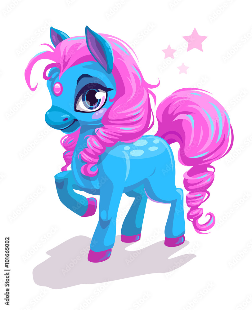 Cute cartoon little blue horse with pink hair