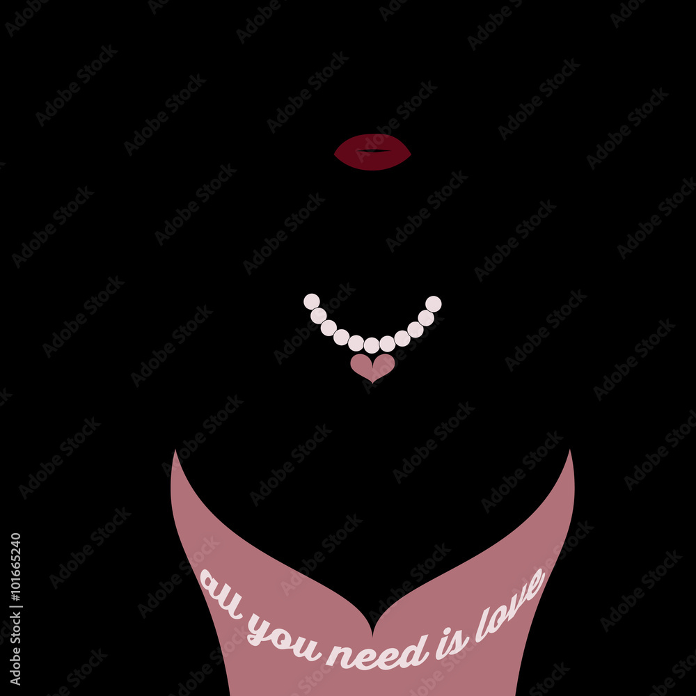 Φωτογραφία Vector silhouette of black woman on black background with heart necklace, low neckline, red lips, and text all you need is love
