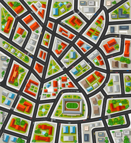 Plan top view for the big city with streets, roofs, cars