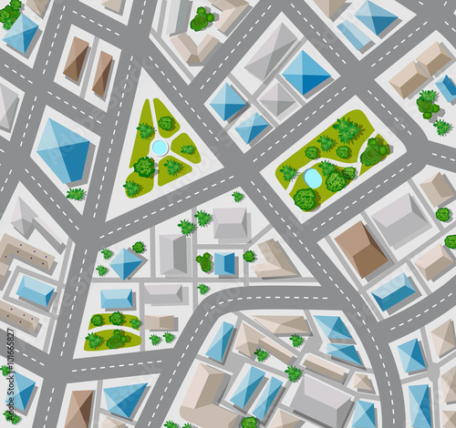 Plan top view for the big city with streets, roofs, cars