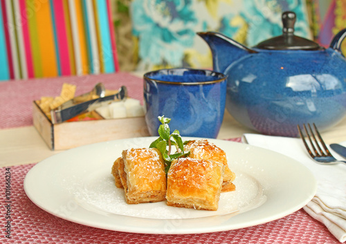 Oriental sweets baklava on a table with tea