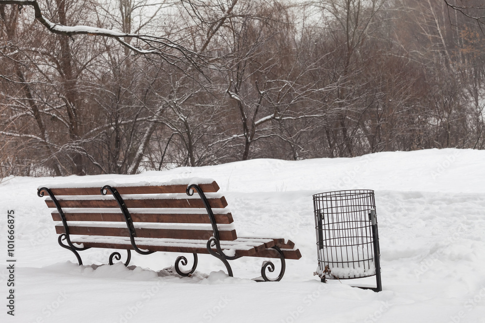 single bench covered with snow in winter park