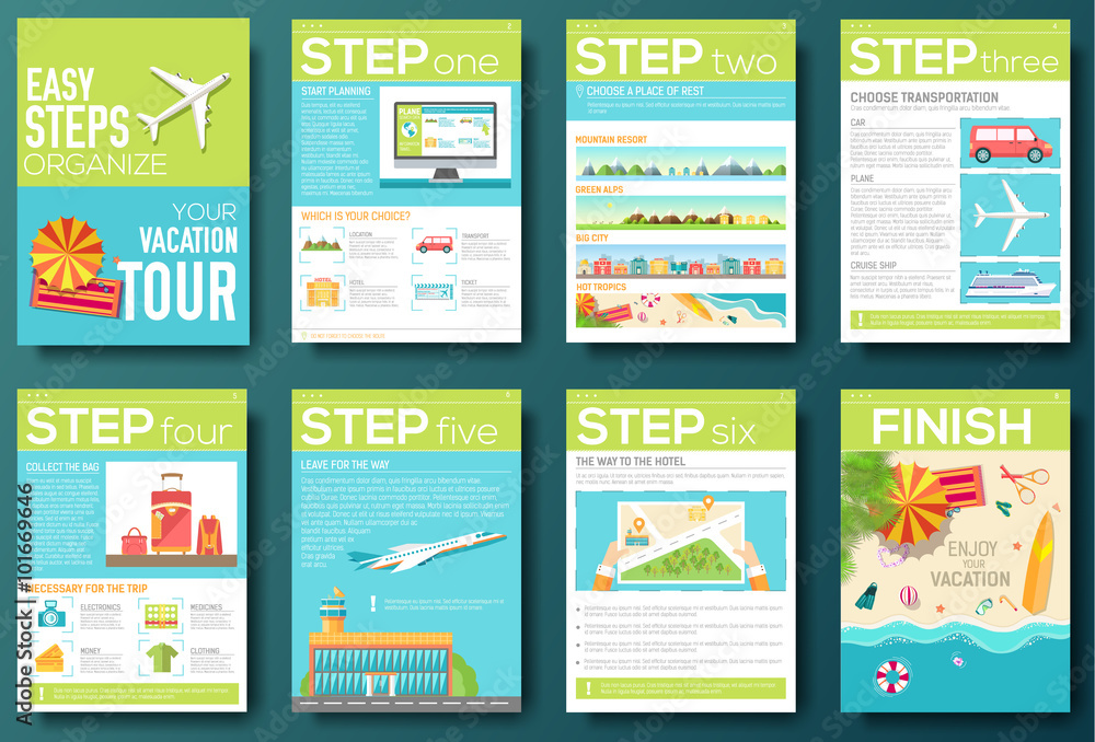 easy steps organize for your vacation tour flyer with infographics and placed text. Illustrated guide travel background. Book cover template design for web and mobile application on flat style