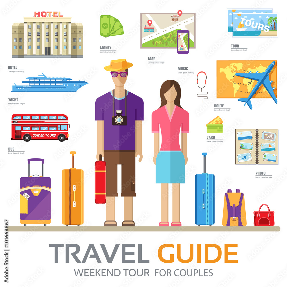 Travel guide infographic with vacation tour locations and items. Tourism with fast travel of the world on a flat design style. Vector illustration concept icons set