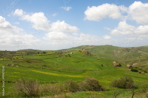 Hilly agricultural landscape near town Ribera, Sicily, Italy