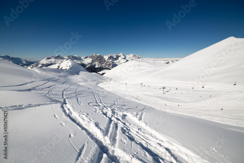 Ciampac ski area near Marmolada glacier, Val di Fassa, Dolomites