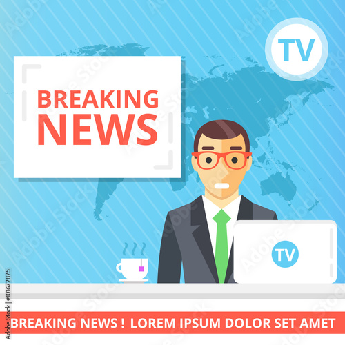 Breaking news flat illustration concept. Newscaster in the television studio