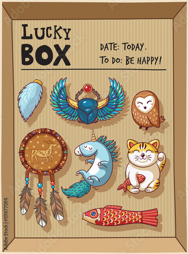 Lucky amulets and happy symbols collection in a cardboard box