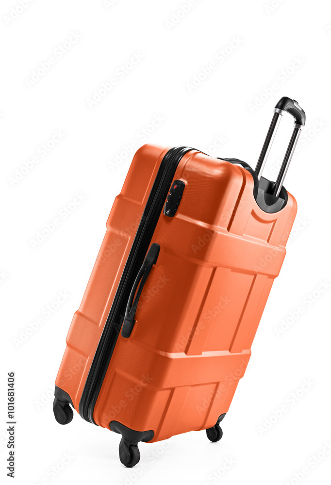 Naklejka premium Orange color suitcase plastic on two wheels