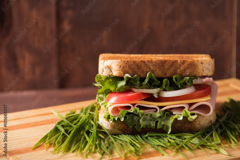 Fotografie Sandwich and ice tea with grass, bread tomatos