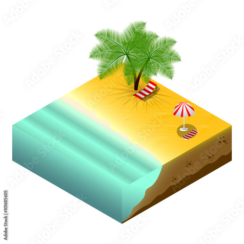 Isometric beach with chaise-longue and beach umbrella