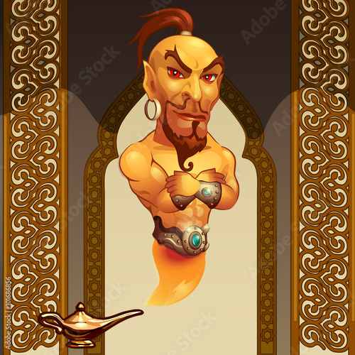 Genie in a magic lamp and Arab pattern