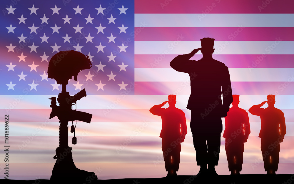 Φωτογραφία Soldiers salute fallen comrade in the battle against the backdrop of the US flag