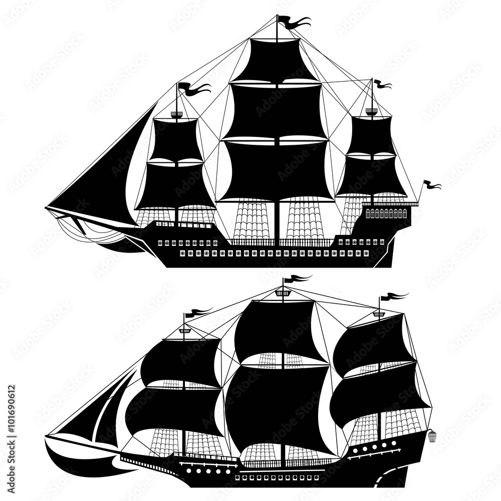 Φωτογραφία two old ship silhouettes isolated on white