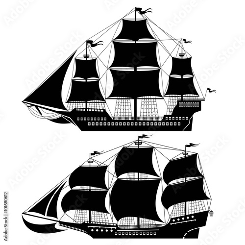 Canvas Print two old ship silhouettes isolated on white