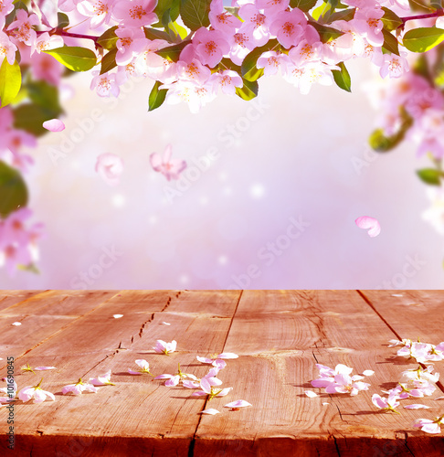 spring background with wooden table