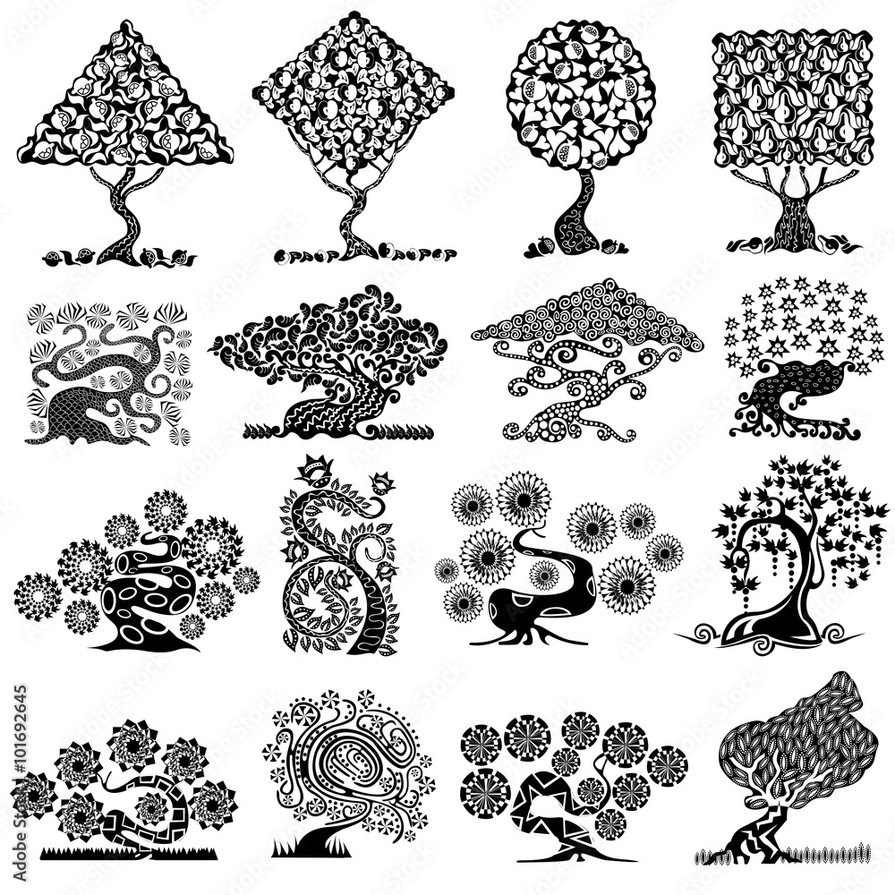 set of abstract tree silhouettes - obrazy, fototapety, plakaty 