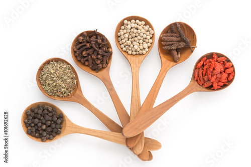 Spicy herb Insert a wooden spoon arranged to prepare food on a w