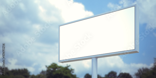 Blank billboard sign in forest and blue sky. Wide, blurred background. 3d render