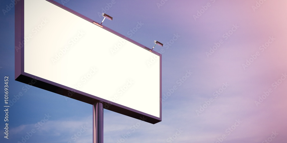 Blank billboard made of chrome metal at twilight ready for advertisement. Flare effect. 3d render Blank billboard made of chrome metal at twilight ready for advertisement. Flare effect. 3d render