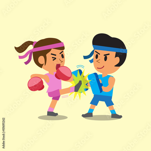 Cartoon sport woman and man doing kickboxing training