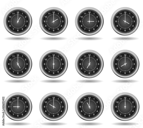 Set of black clocks for business hours