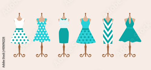 Set of 6 retro pinup cute woman dresses on a mannequin. Short and long elegant green, blue and white color polka dot design lady dress collection. Vector art image illustration, isolated on background photo