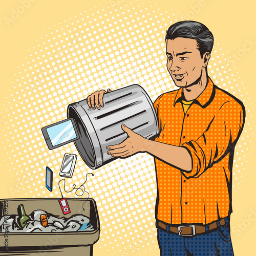 Man throws gadget device into trash pop art vector