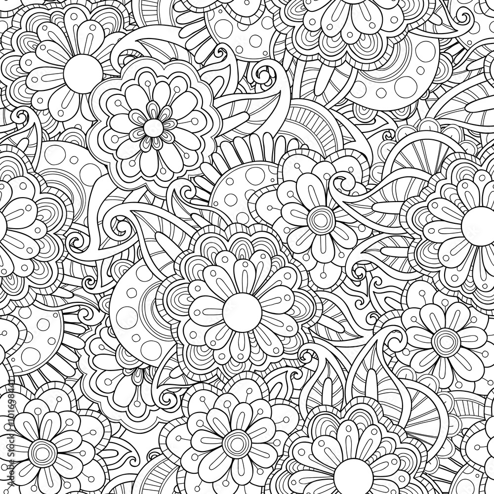 Plakat Doodle art flowers seamless pattern. Hand drawn black and white herbal background. Flowers and leaves