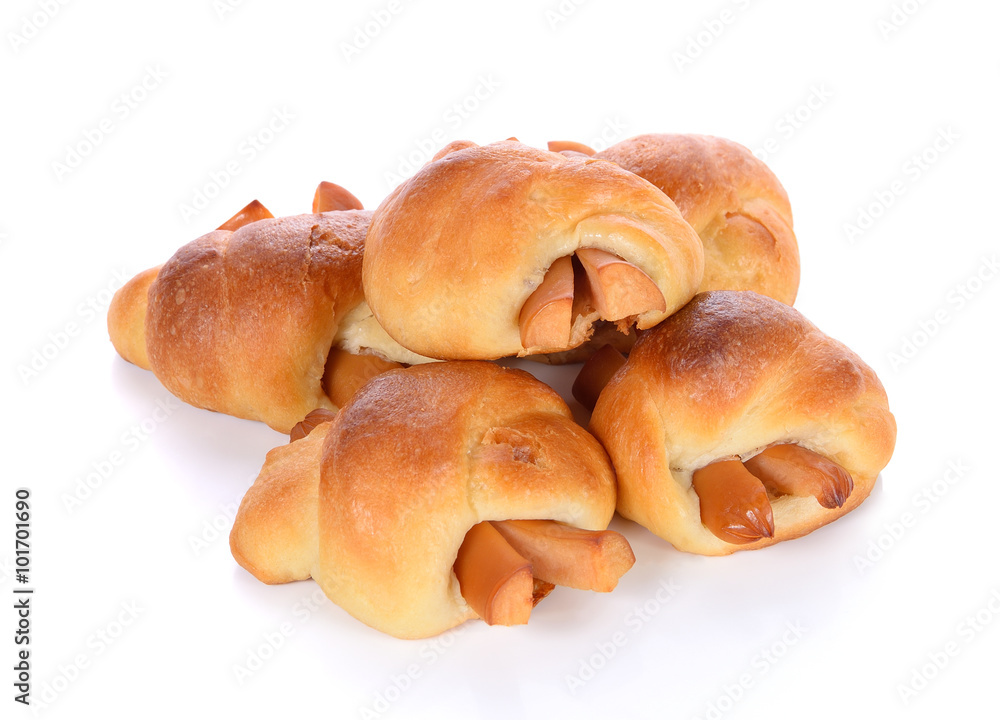 Bread stuffed with hotdog on white background