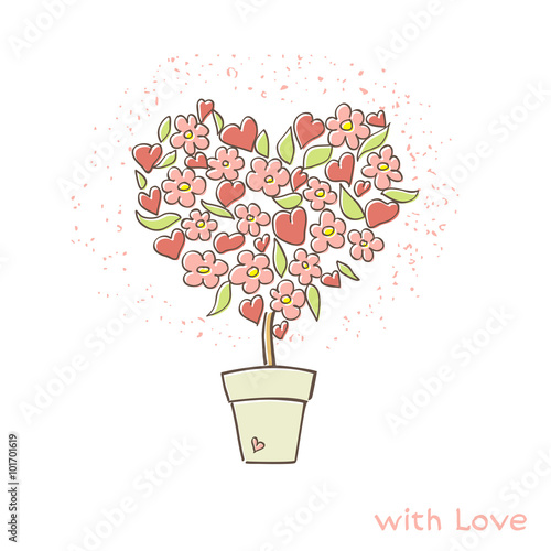 Flower in a pot, the words "with love". Can be used as a greeting card for Valentine's Day. Vector illustration