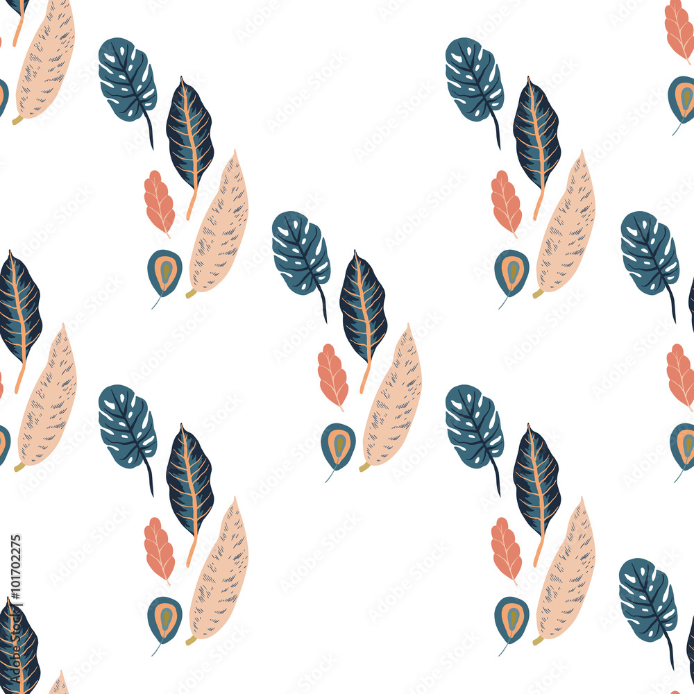 Trendy vector seamless pattern with forest plants, leaves Trendy vector seamless pattern with forest plants, leaves