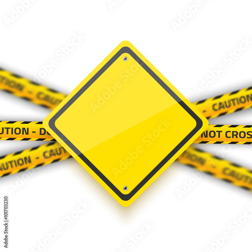 Vector Road Yellow Sign with Yellow Police Strip. Realistic Vect