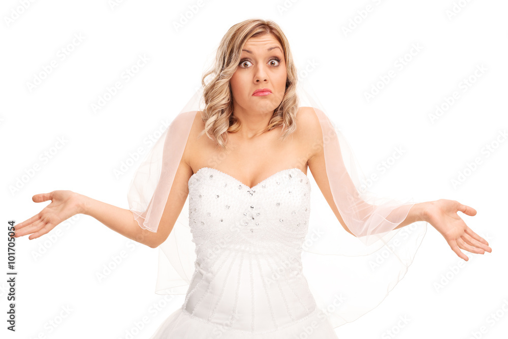 Confused bride gesturing with her hand Confused bride gesturing with her hand