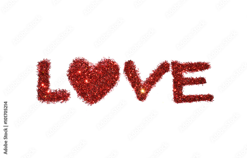 Word Love of red glitter sparkle on white background