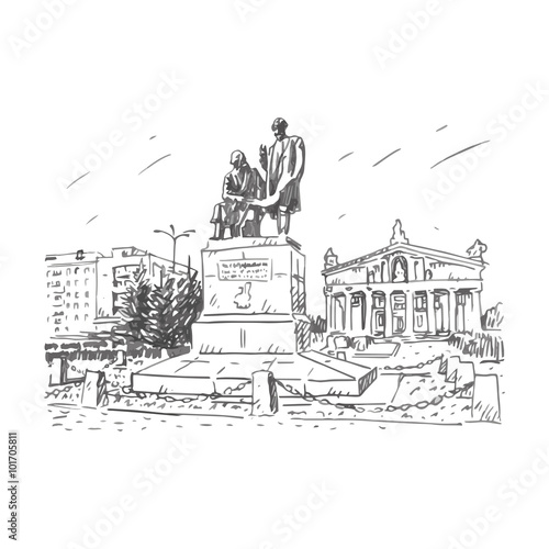 Monument to the father and son Cherepanov, inventors of the first Russian locomotive at the Theater Square in Nizhny Tagil, Russia. Vector pencil sketch by hand.