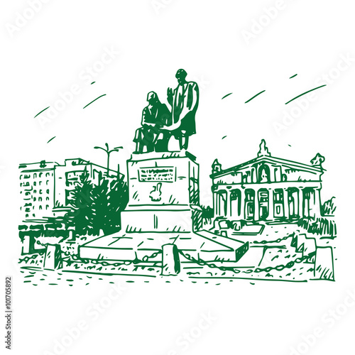 Monument to the father and son Cherepanov, inventors of the first Russian locomotive at the Theater Square in Nizhny Tagil, Russia. Vector pencil sketch by hand. photo