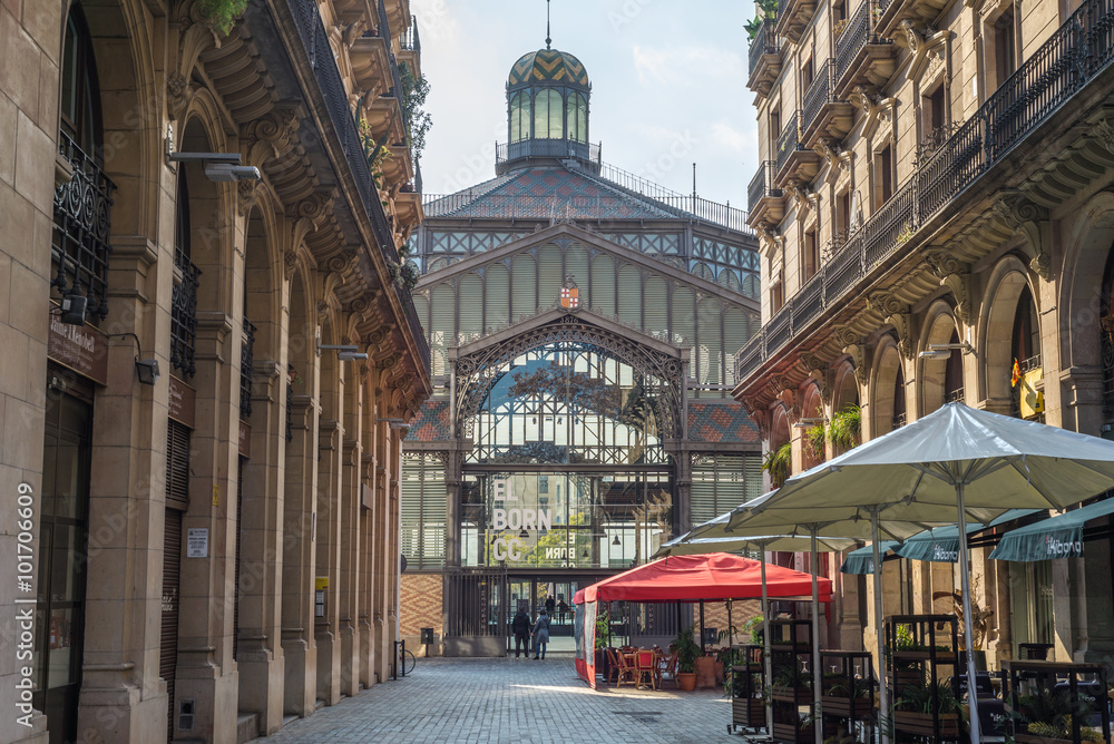 View to Mercat del Born in the Barcelona district La Ribera is a former public market and one of the famous buildings, constructed with iron, in Barcelona  - obrazy, fototapety, plakaty 