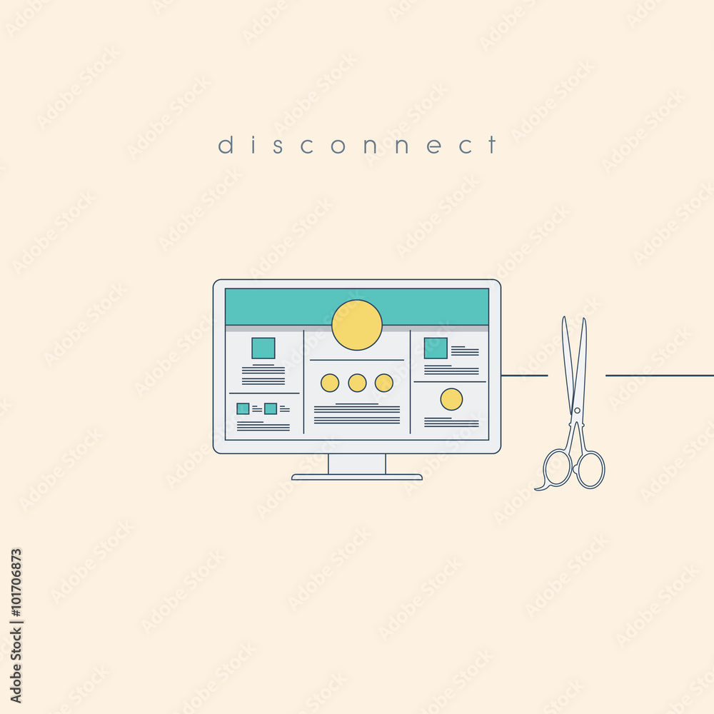Disconnect concept with computer and cut wire by scissors. Unplugged technology abstract background. Disconnect concept with computer and cut wire by scissors. Unplugged technology abstract background.