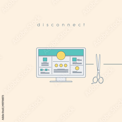 Disconnect concept with computer and cut wire by scissors. Unplugged technology abstract background.