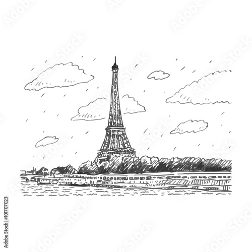 Fototapeta Naklejka Na Ścianę i Meble -  The Eiffel tower from the river Seine in Paris, France. Travel Paris icon. Vector hand drawn sketch.