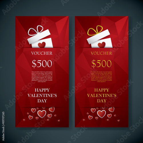 Valentine's day gift card voucher template with traditional background, present and space for your text. Red low poly background.