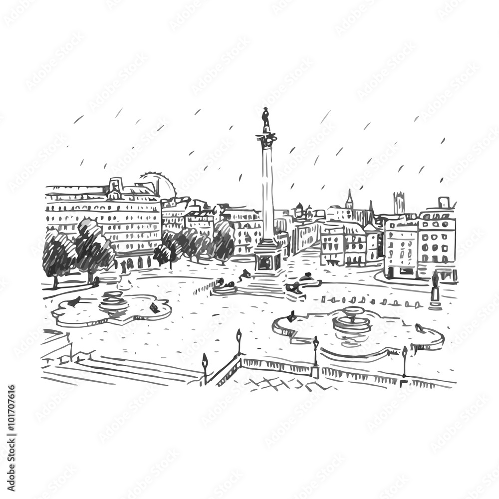 Trafalgar Square, London, England, UK. Hand drawn vector illustration.