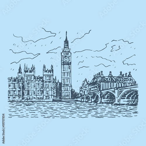 View of the Palace of Westminster, Elizabeth Tower (Big Ben) and Westminster Bridge. London, England, UK. Vector hand drawn sketch.