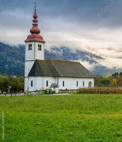 Lonely church in the mountain near the Lake Bohinj
