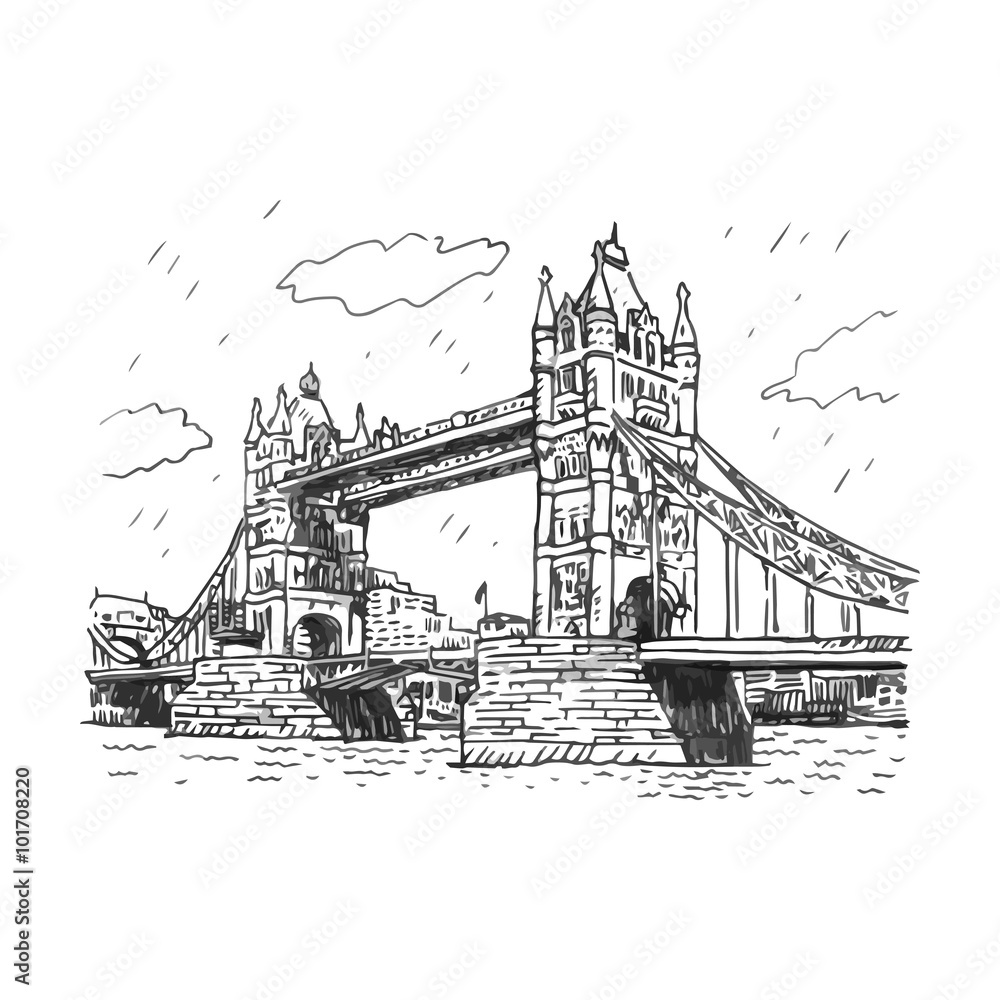 Obraz premium Tower Bridge, Londyn, Anglia, Wielka Brytania. Ręcznie rysowane ilustracji.